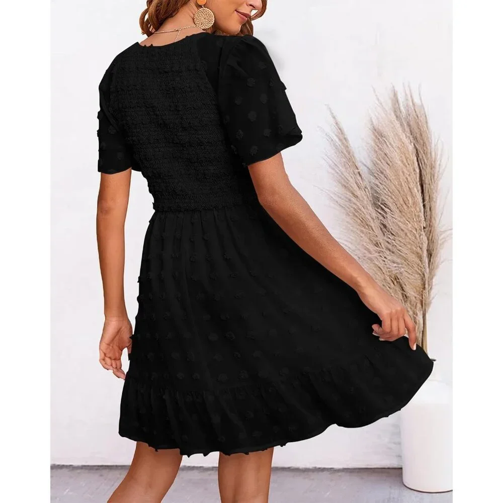 Women's Boho Summer Dress Polyester V Neck Flutter Short Sleeve Ruffled - Picture 4 of 8